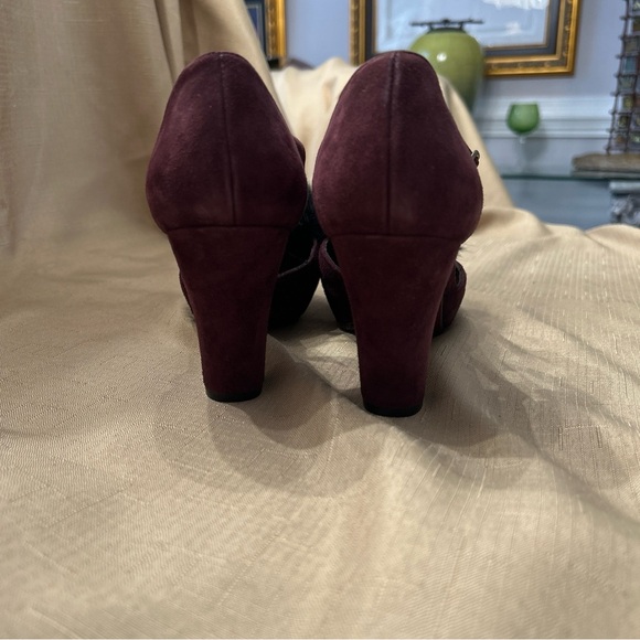 Chie Mihara Burgundy Suede Pompom Platform Heels Sz 7 (37.5) - Picture 13 of 13